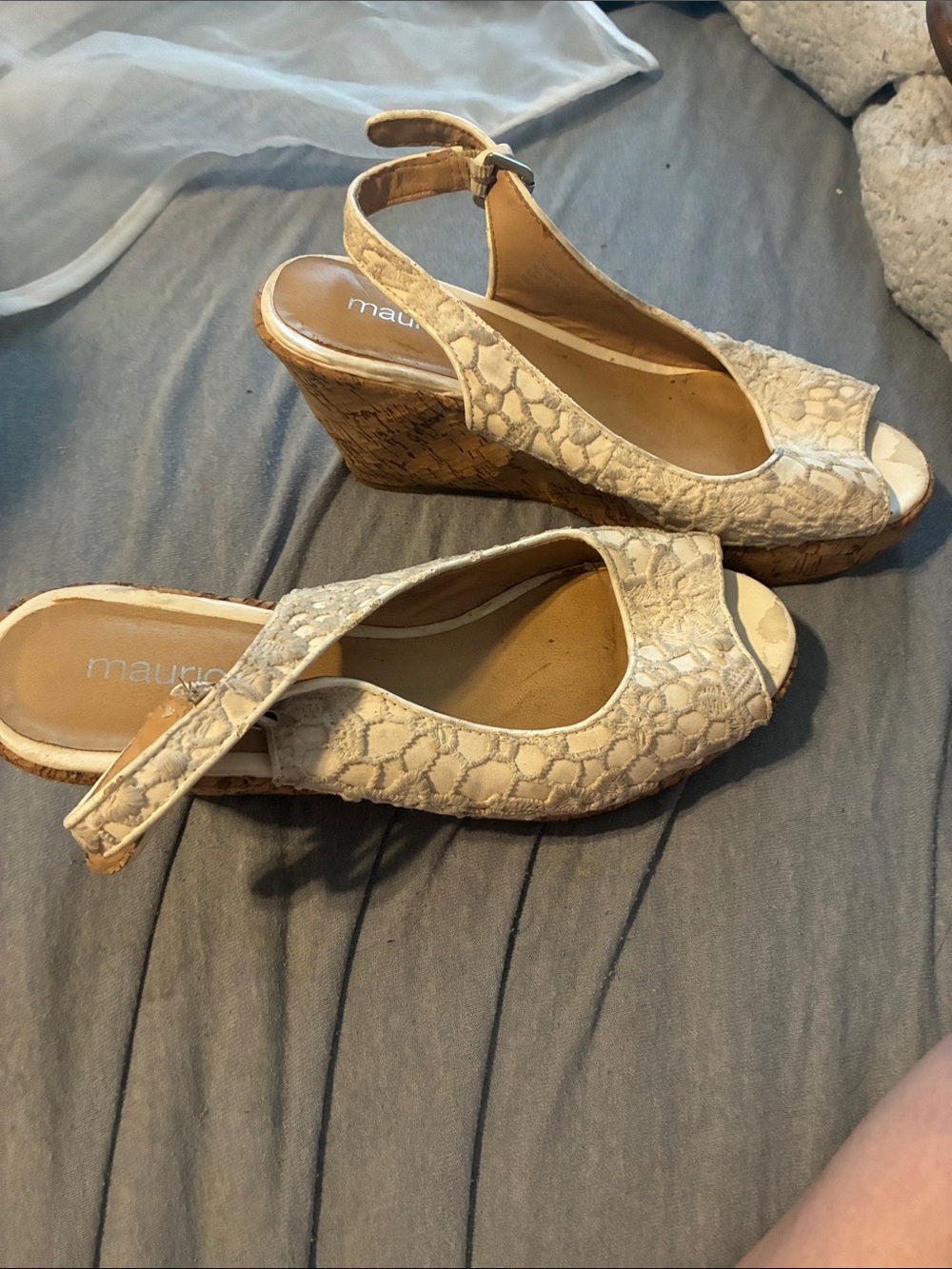 Maurices Cream Lace Slingback Cork Wedge Sandals